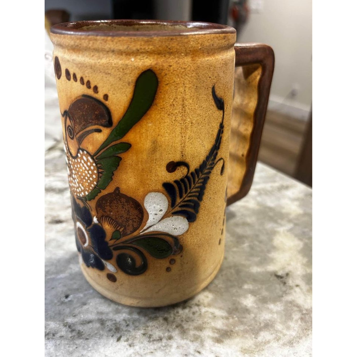 Signed Netzi Tonala Mexico Pottery Large Cup Mug Bird w/Handle Tall Hand Painted stein