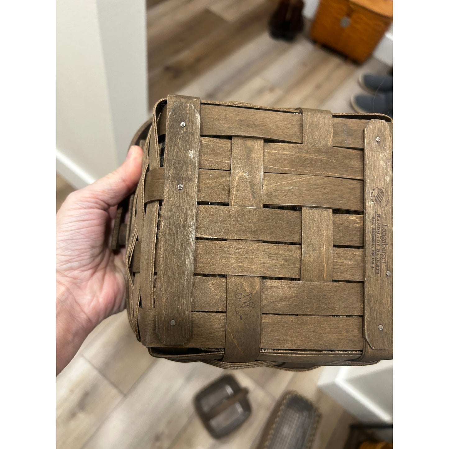 Longaberger Medium Berry basket Khaki check liner & hard protector Deep Brown