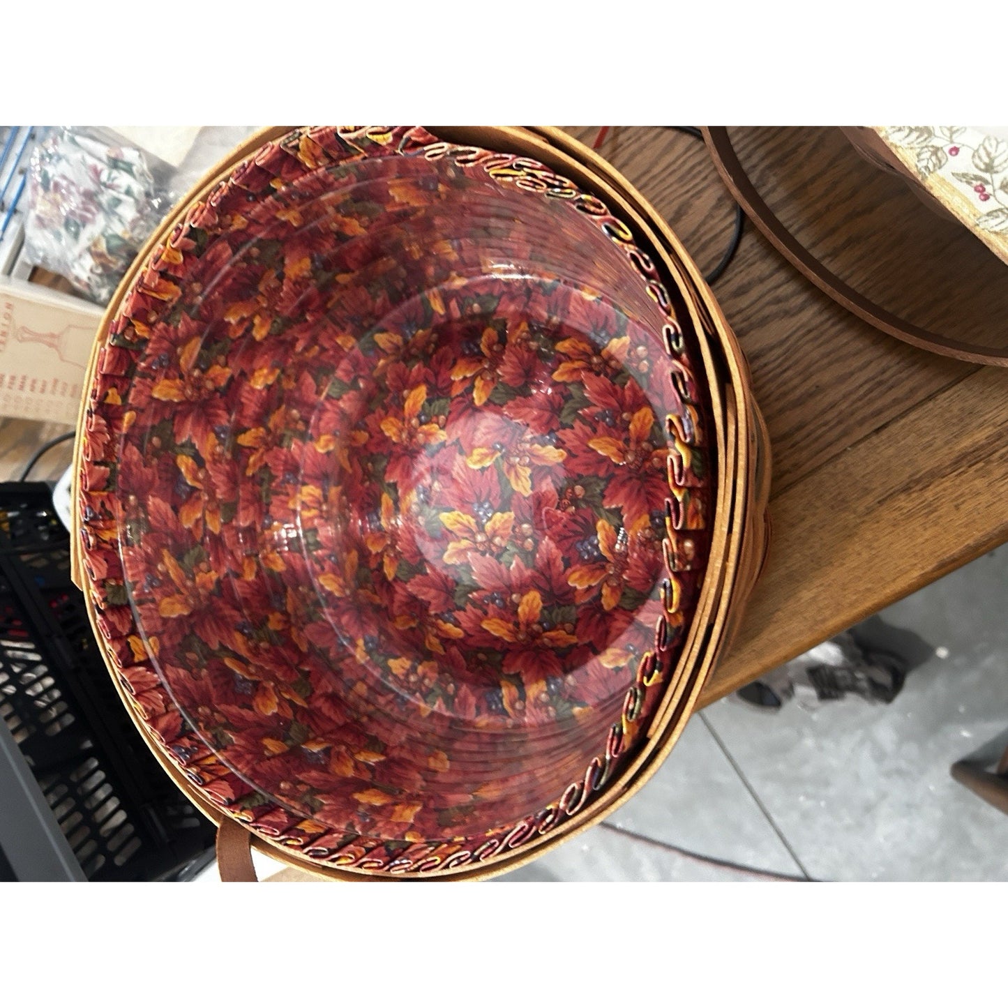 Longaberger BASKET OF PLENTY Basket , Liner & Protector Fall leaves 12" ROUND