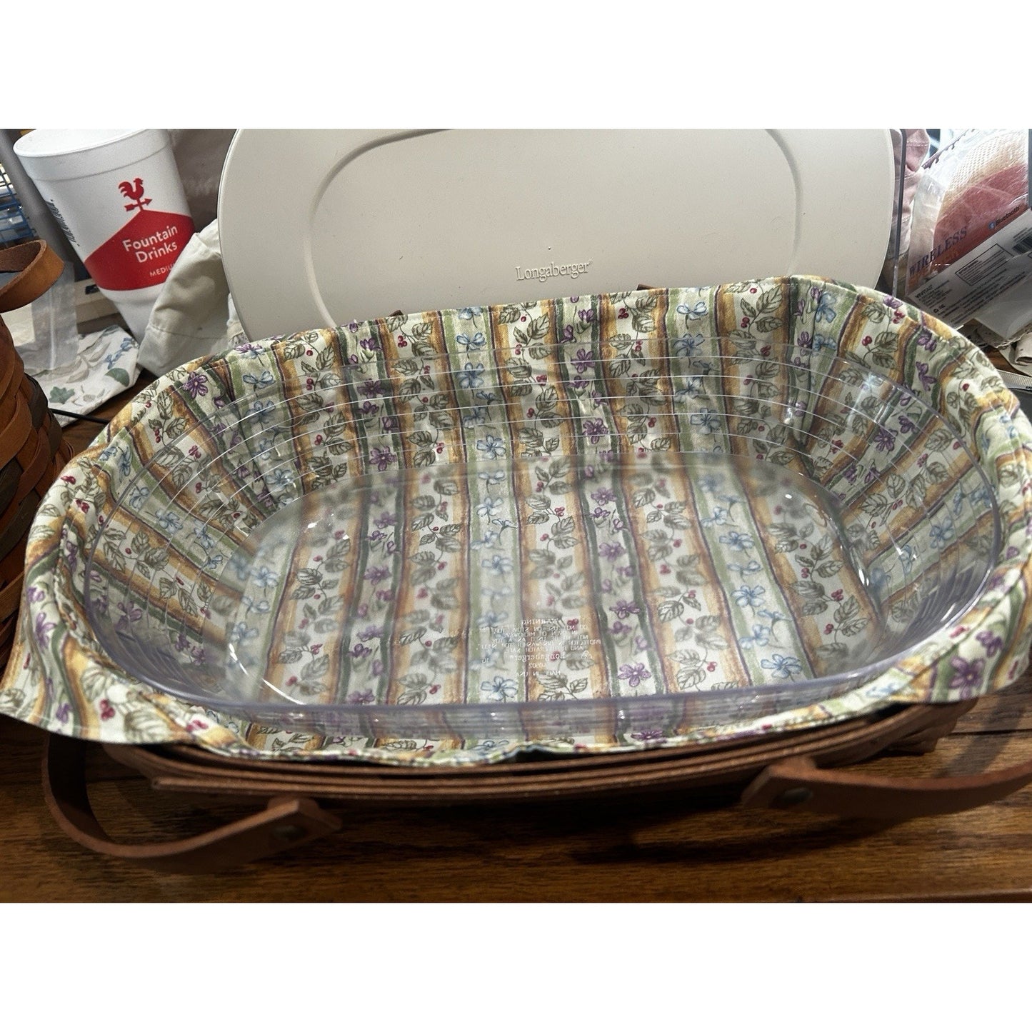 Longaberger Medium Oval Gathering Basket Botanical liner & lidded protector