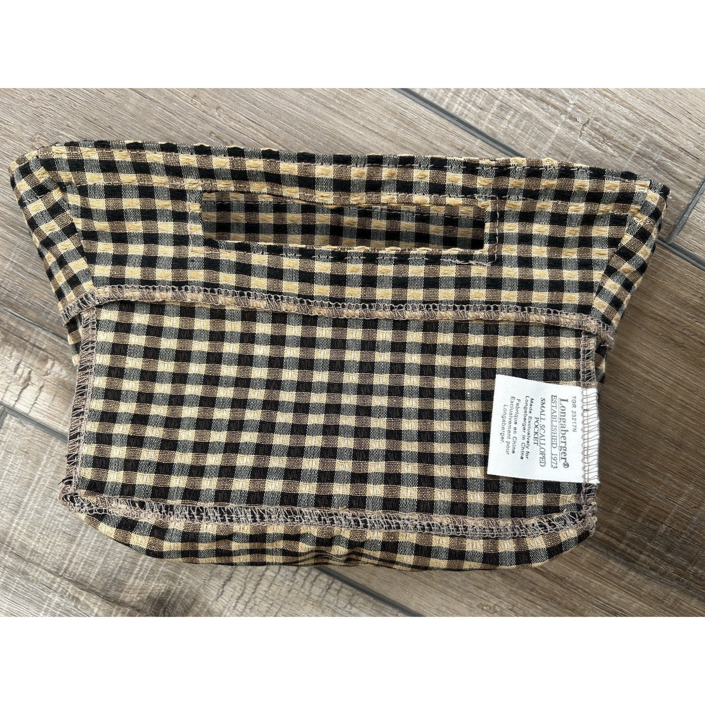 Longaberger Small Scalloped Pocket Basket Liner Khaki Check fabric