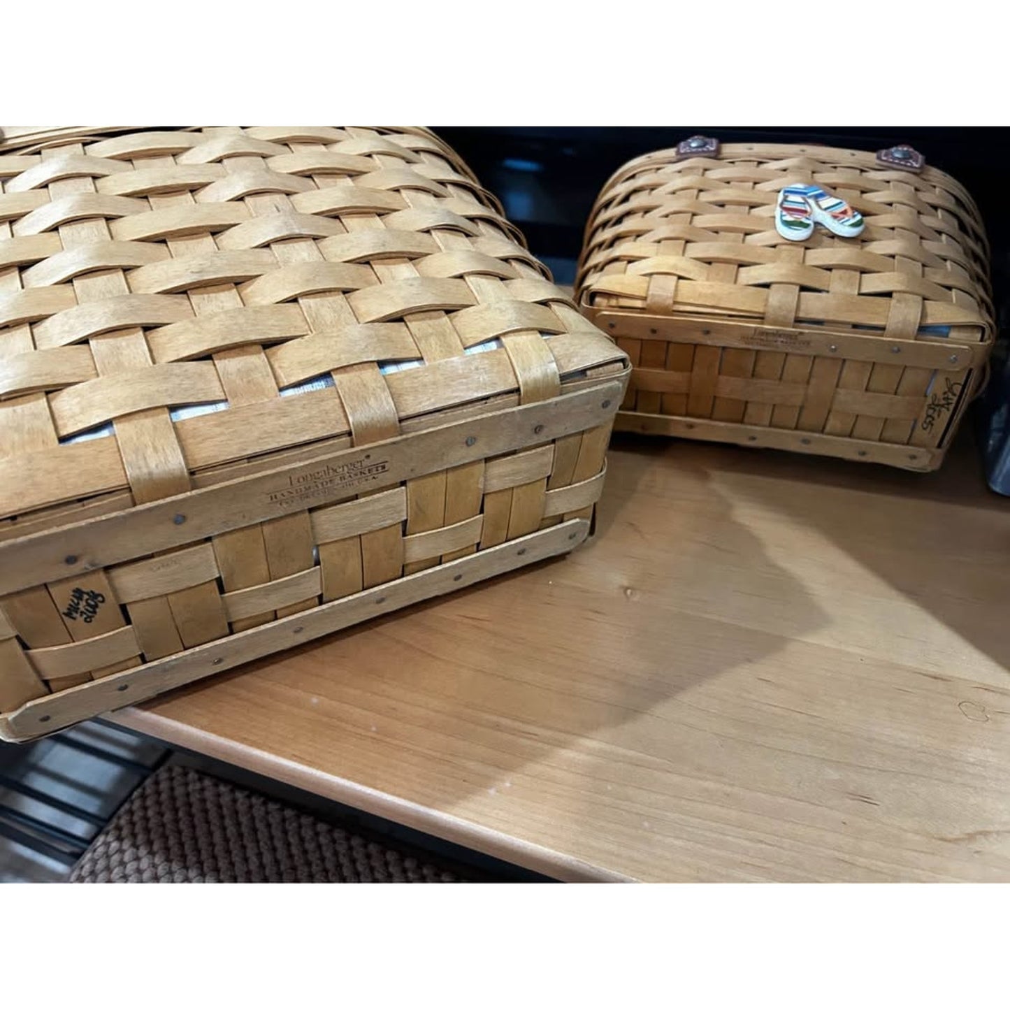 Longaberger Sunny Day flip flops Boardwalk basket set of Large Medium & small , with coin purse