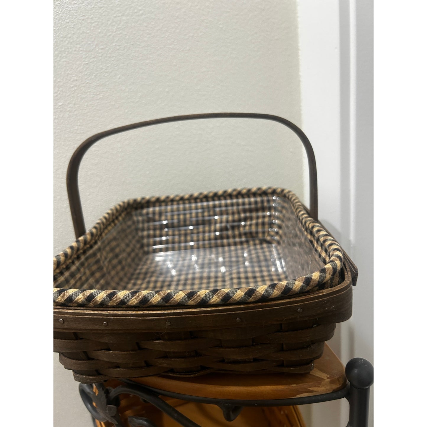 Longaberger Napkin basket Combo Khaki check liner & protector deep brown
