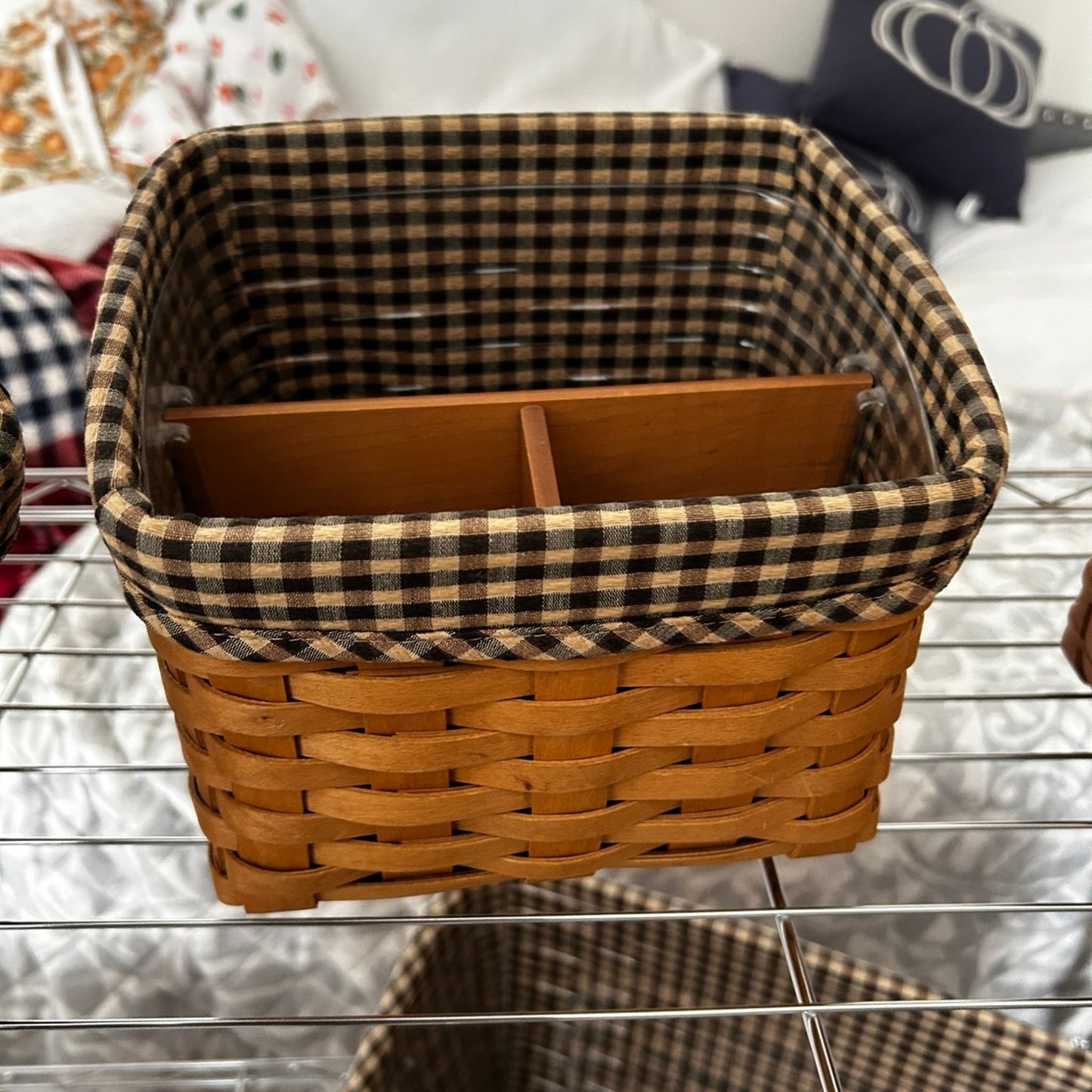 Longaberger TV Time Basket Khaki Check liner & wood divider protector