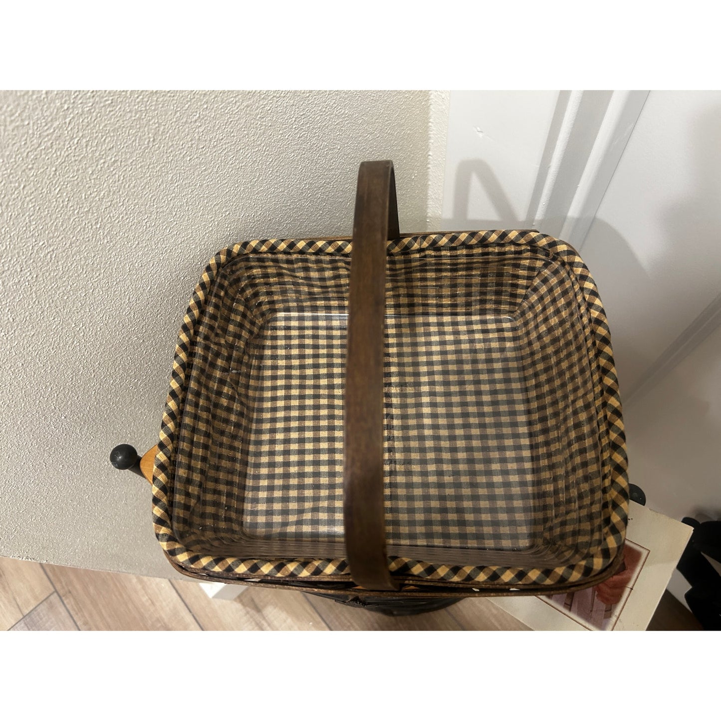 Longaberger Napkin basket Combo Khaki check liner & protector deep brown