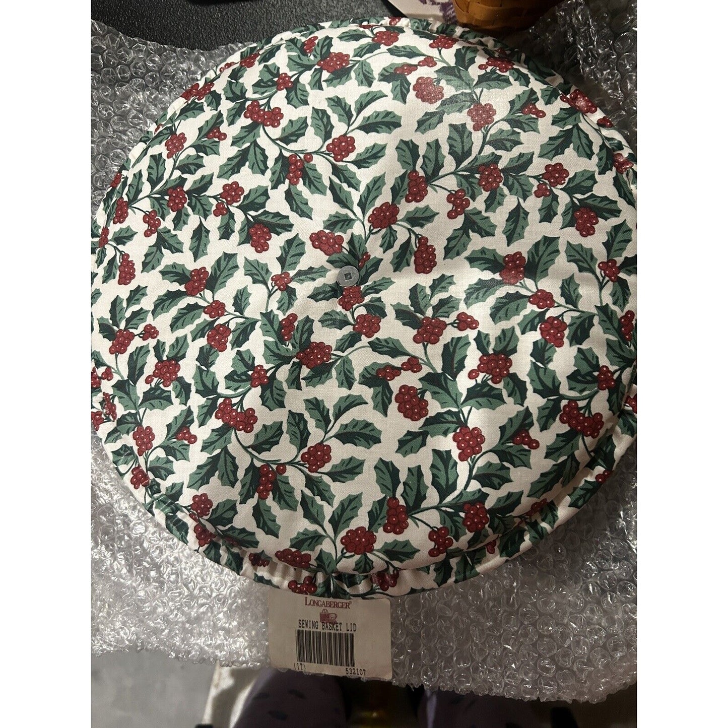 Longaberger Baskets Sewing Large Apple Lid Holly Christmas fabric NEW Host Only