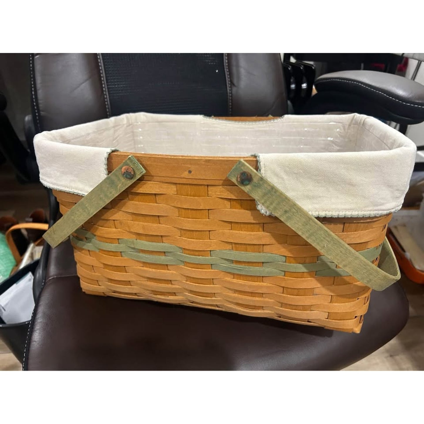 Longaberger 2009 Go Green Large Market Basket Flax Linen Liner & protector FARM Market