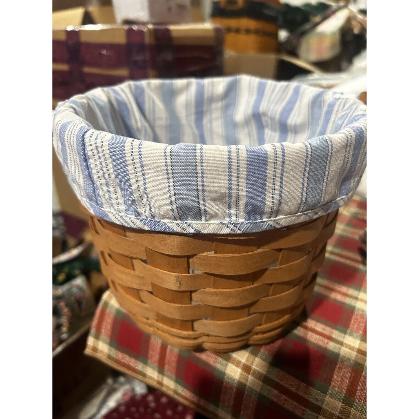 Longaberger MEDIUM fruit basket With Vintage Ticking liner Blue White Stripe