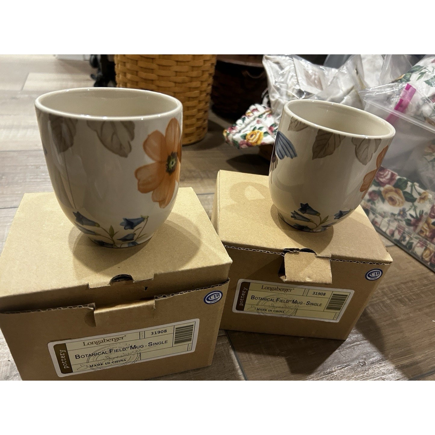 2 Longaberger Botanical Field Mugs Butterfly Flowers Pottery Coffee Tea Cups NEW