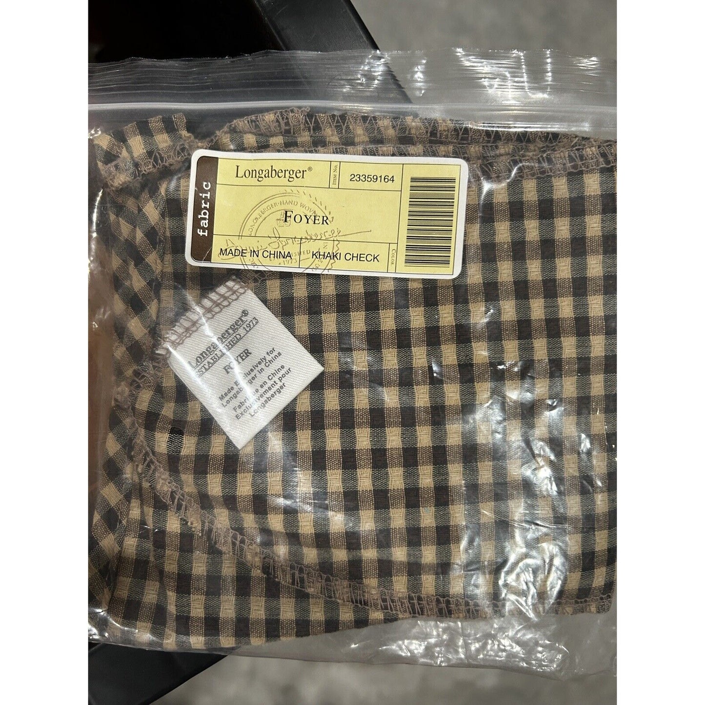 LONGABERGER FOYER BASKET LINER Khaki Check NEW Hard to find!