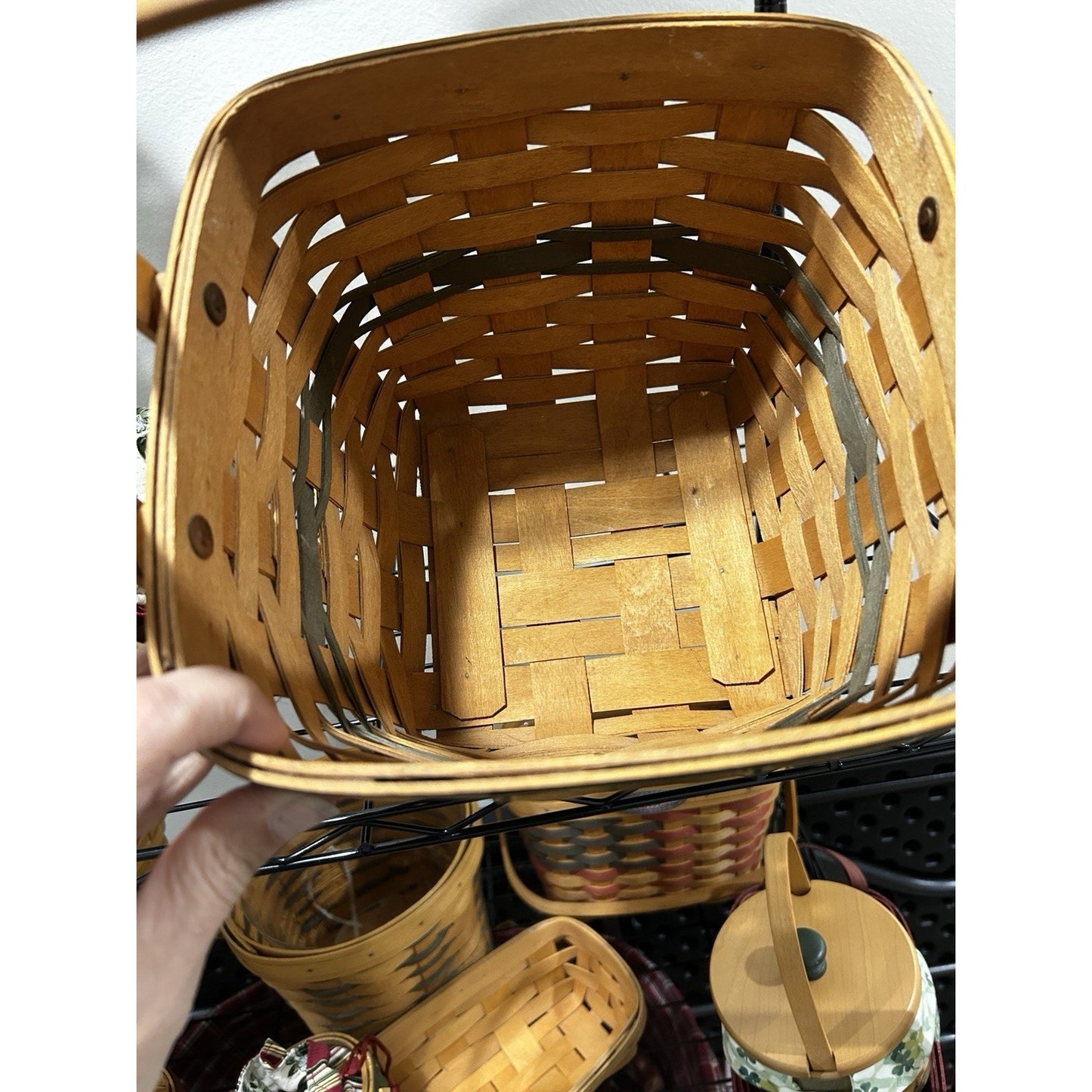 Longaberger Christmas Cranberry Basket with 2 swinging handles green accents