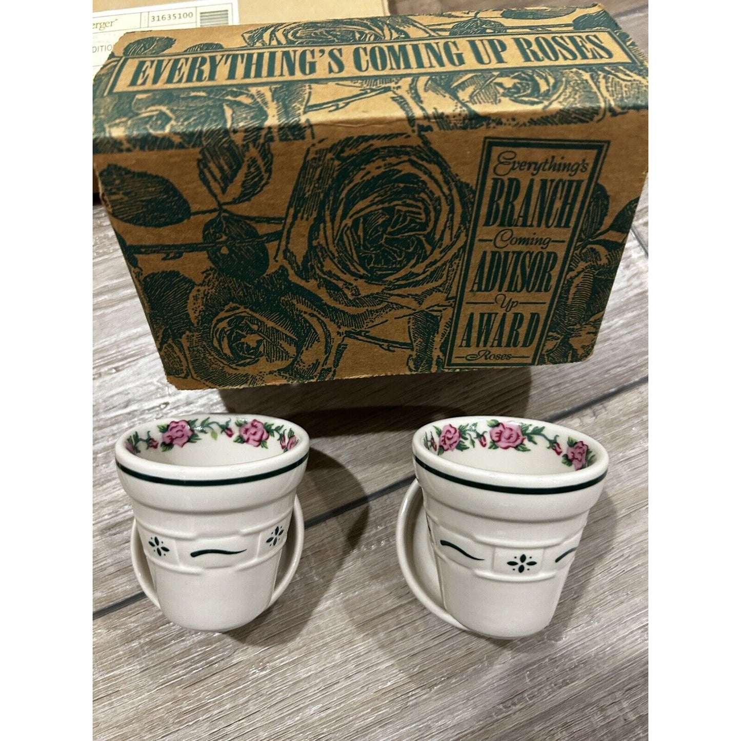 Longaberger Coming Up Roses Branch Advisors Award Flower Pots NEW Pottery