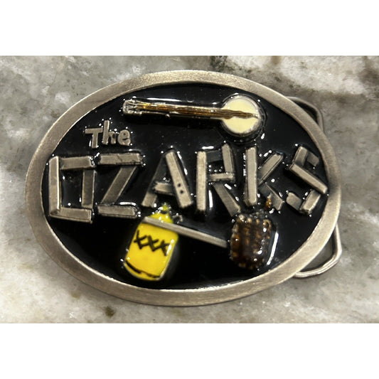 The Ozarks Belt Buckle Banjo Moonshine Corncob Pipe Hillbilly Oval Rare!