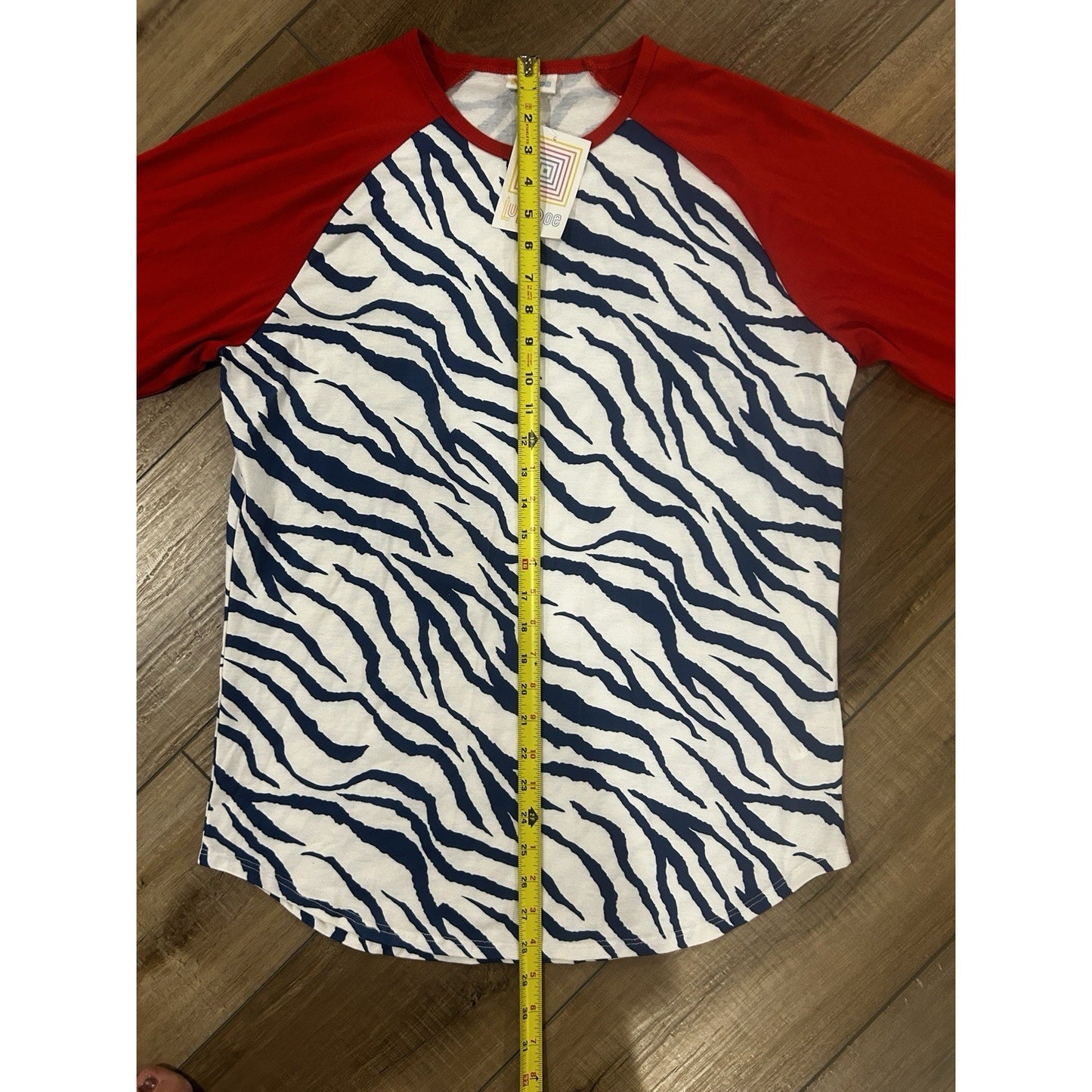 LuLaRoe LARGE Randy Top Shirt Blue Zebra Print 3/4 Red sleeves NEW patriotic
