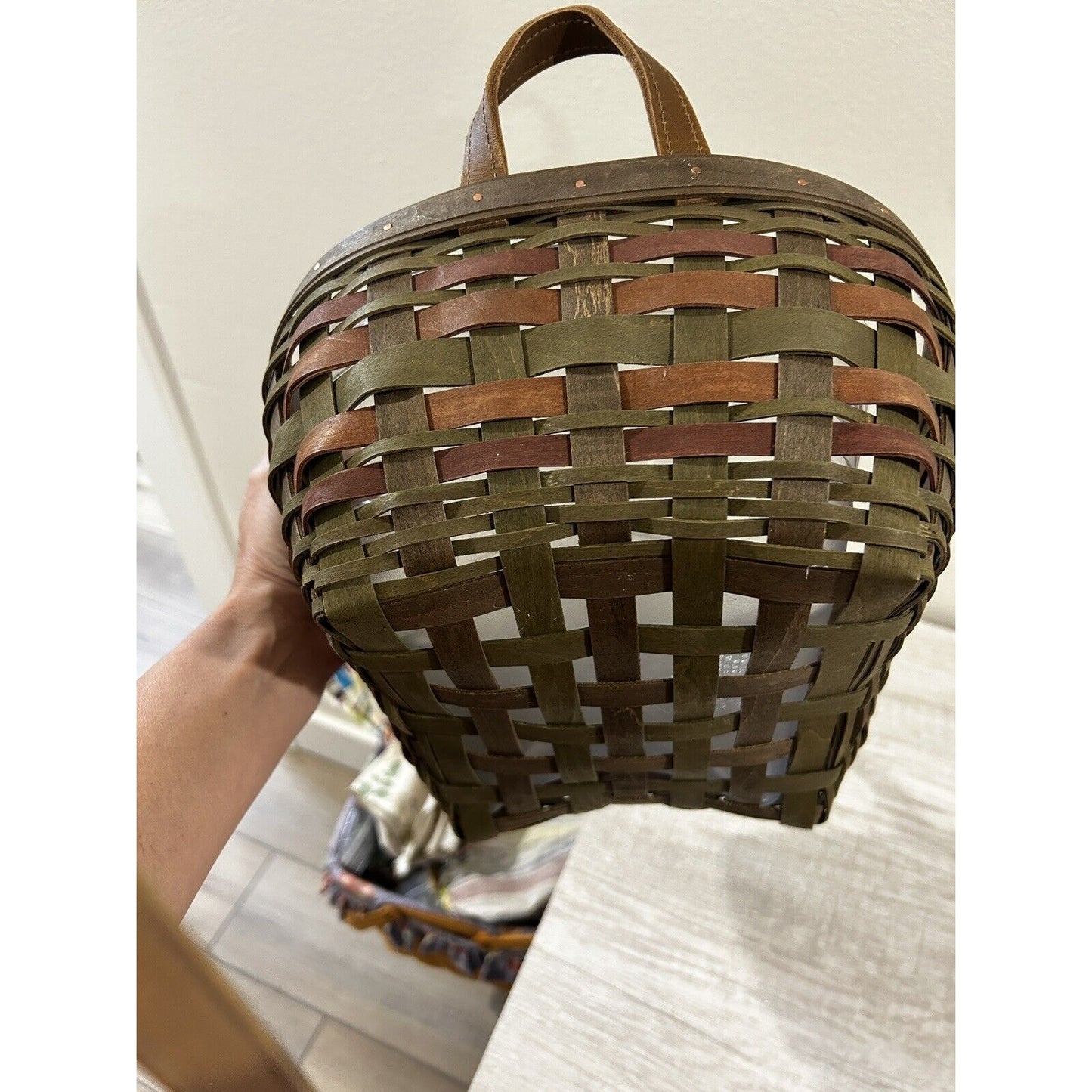 Longaberger Harvesting Basket & Protector ACT green brown weaves fall