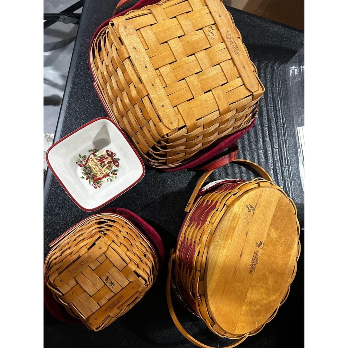 4 piece Longaberger Christmas basket lot with dish