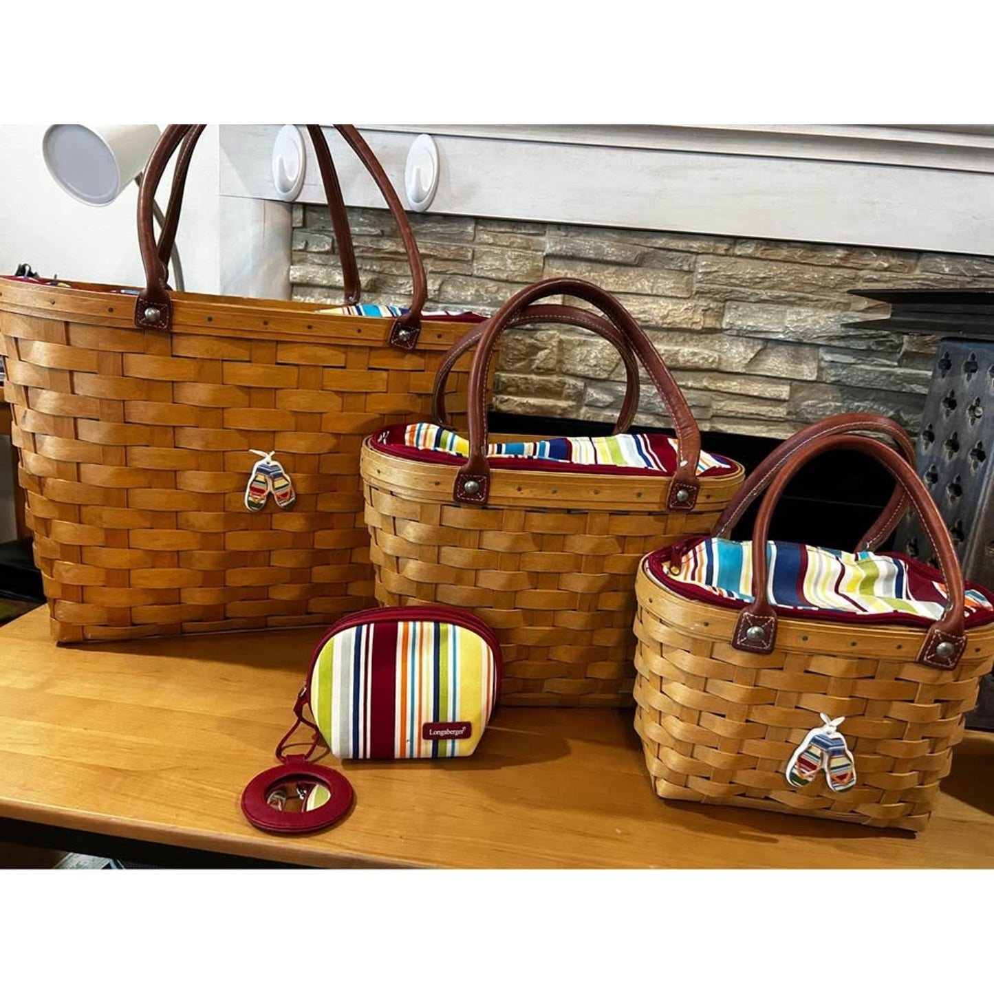 Longaberger Sunny Day flip flops Boardwalk basket set of Large Medium & small , with coin purse