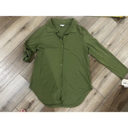 NWT LulaRoe MEDIUM Valentina Blouse Solid Green Button Up Top Rolls Sleeves