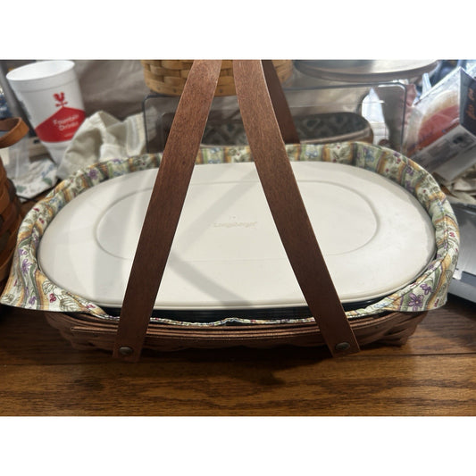 Longaberger Medium Oval Gathering Basket Botanical liner & lidded protector