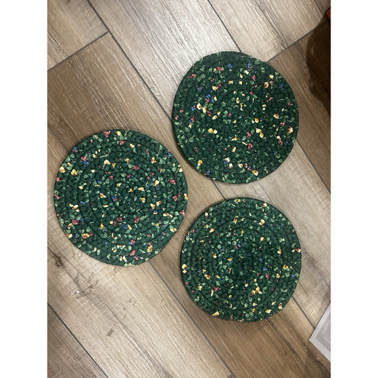 3 Longaberger Round Trivet Hot Pads 9.5" EMERALD VINE green Braided Fabric lot