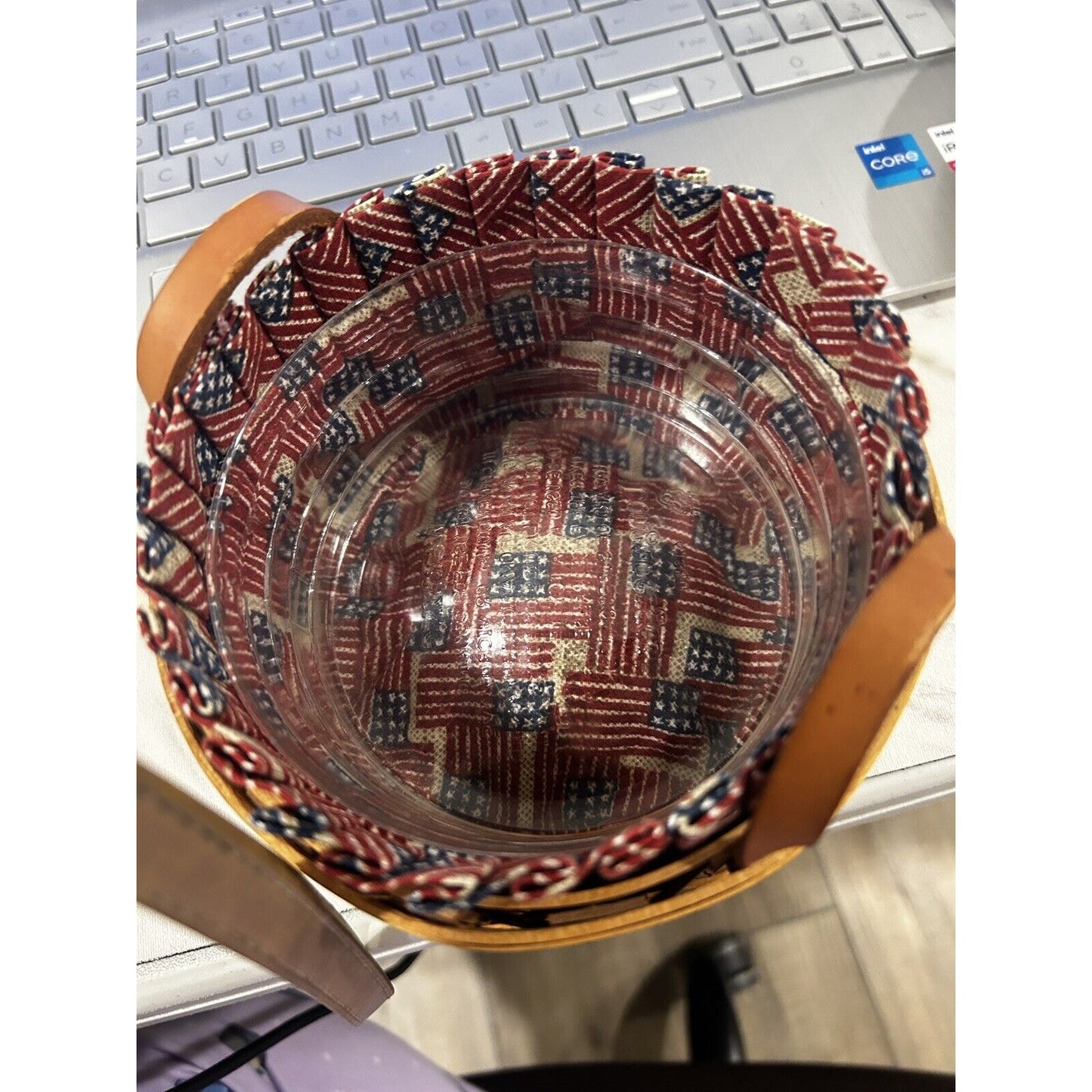 Longaberger Classic Saffron Basket Leather Handles Old glory Liner & Protector