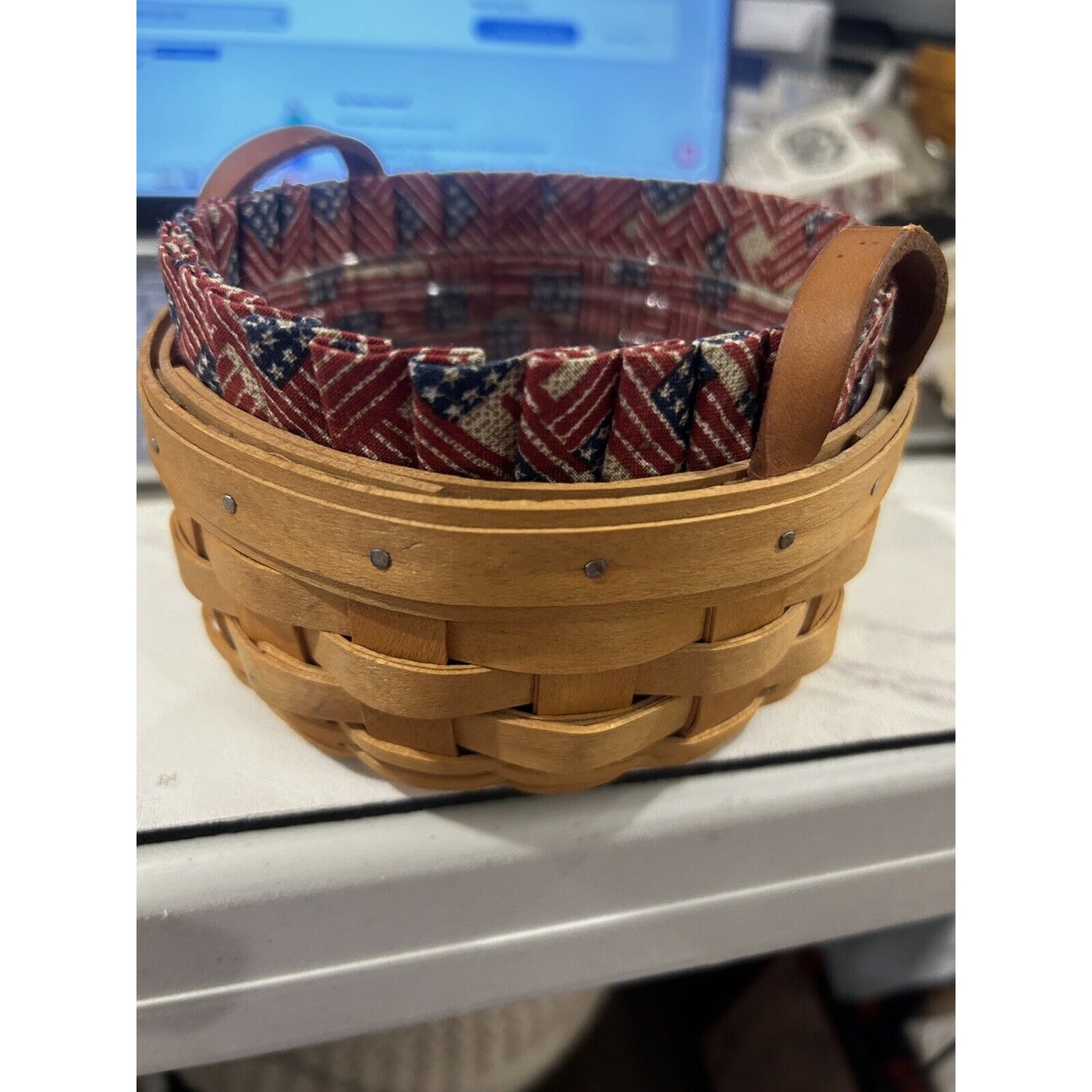 Longaberger Classic Saffron Basket Leather Handles Old glory Liner & Protector