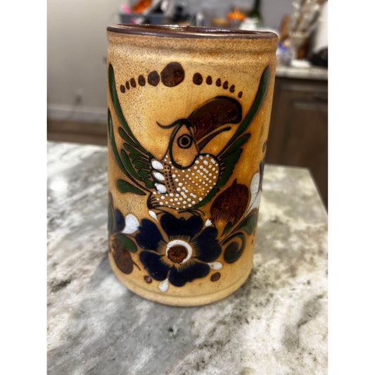Signed Netzi Tonala Mexico Pottery Large Cup Mug Bird w/Handle Tall Hand Painted stein