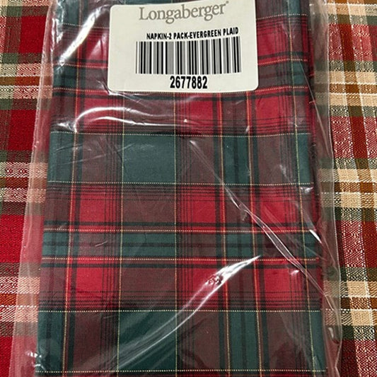 LONGABERGER BASKET EVERGREEN PLAID NAPKINS set of 2 NEW Christmas fabric