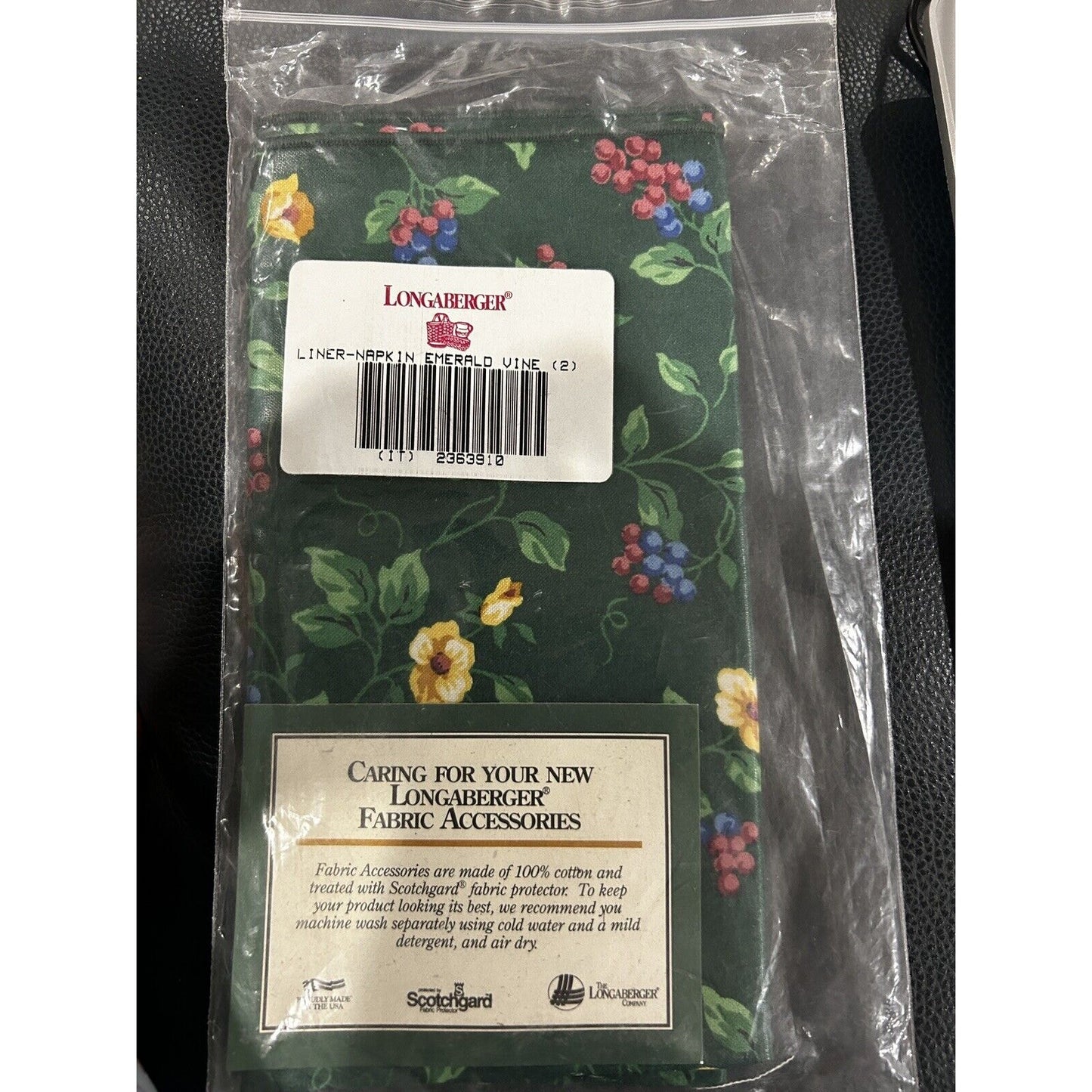 Longaberger Baskets Emerald Vine Napkins set of 2 NEW Fabric square green floral
