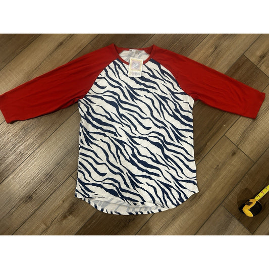 LuLaRoe LARGE Randy Top Shirt Blue Zebra Print 3/4 Red sleeves NEW patriotic