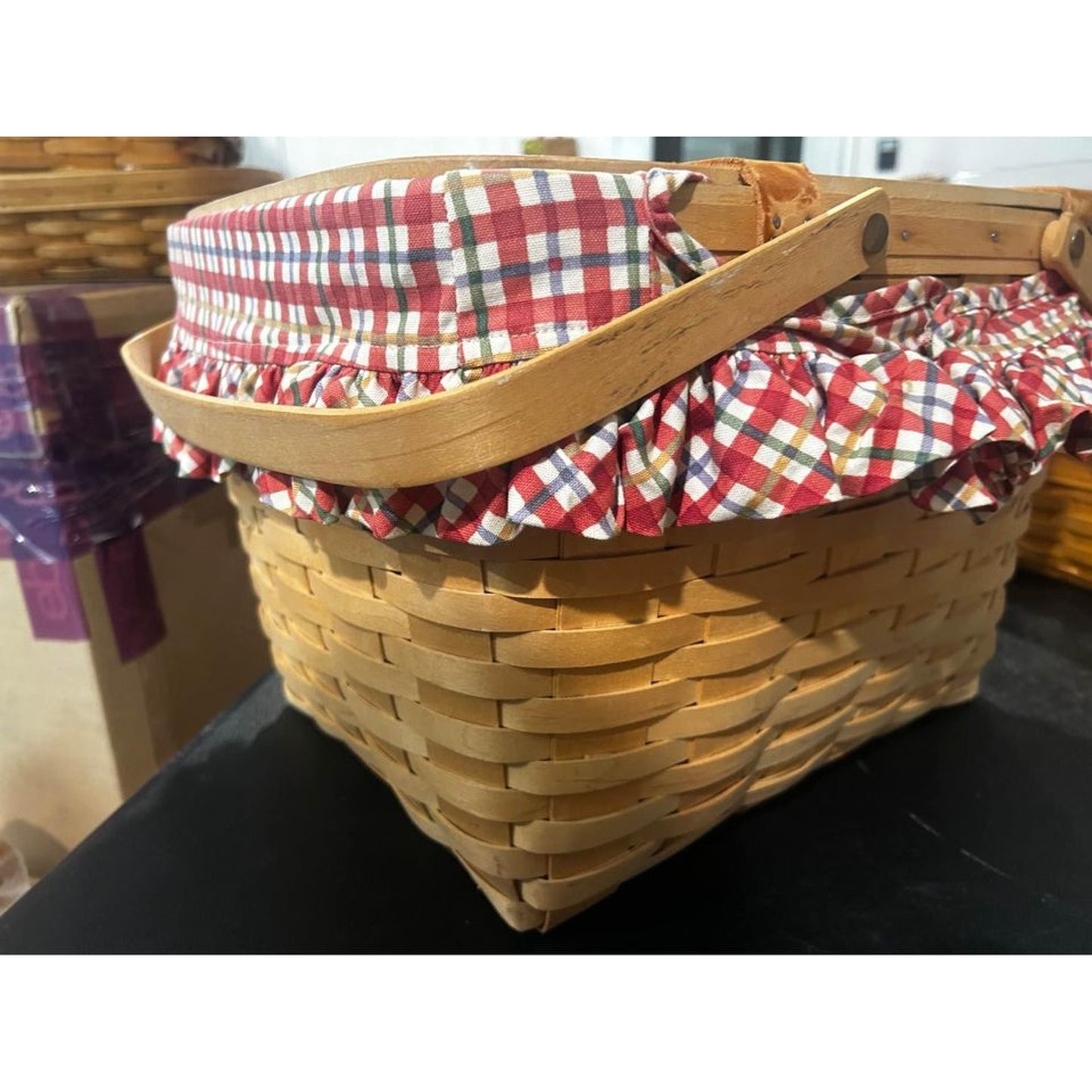 Longaberger Large picnic basket with cherry plaid liner Natural