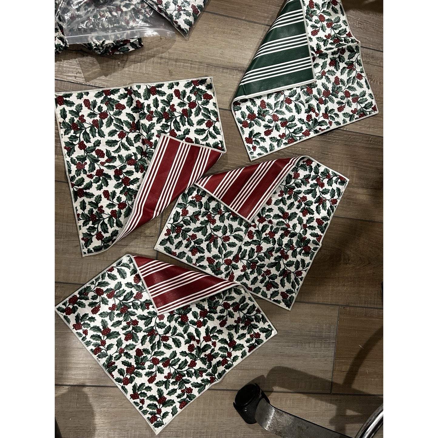 4 Longaberger Traditional Holly Stripe 12" Basket Fabric squares Christmas