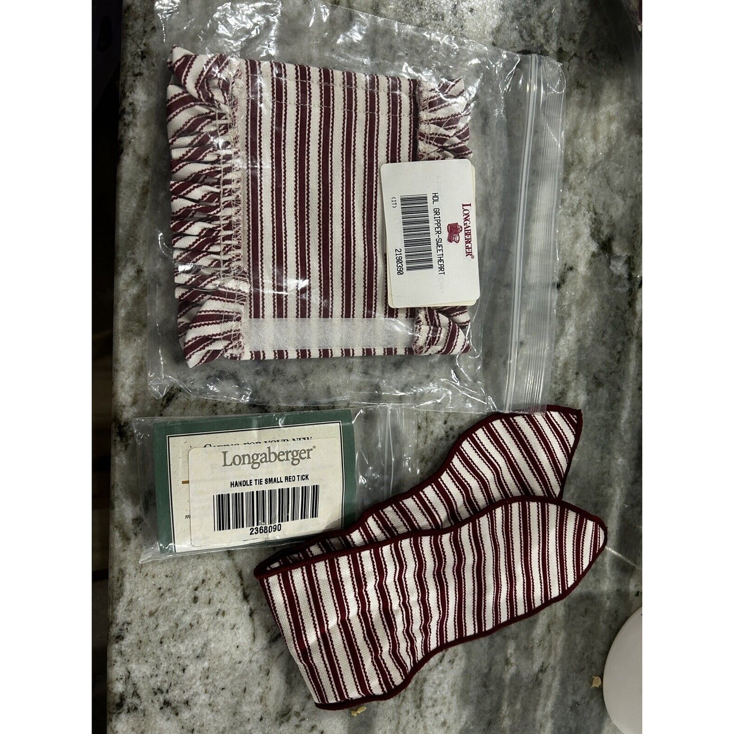 Longaberger Red Ticking Basket Handle Gripper & Handle Tie NEW stripe Valentines