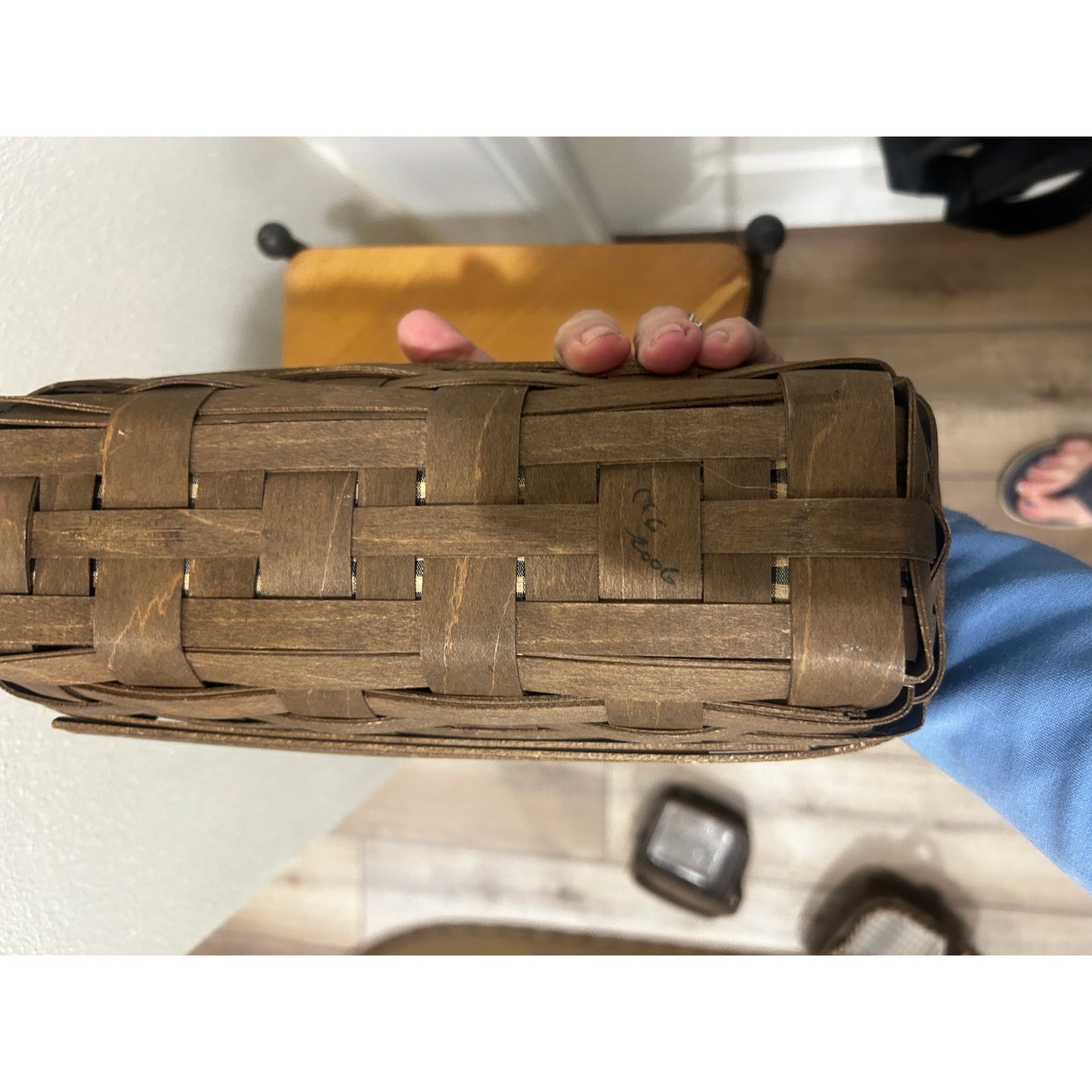 Longaberger Cracker basket Khaki check liner & hard protector Deep Brown