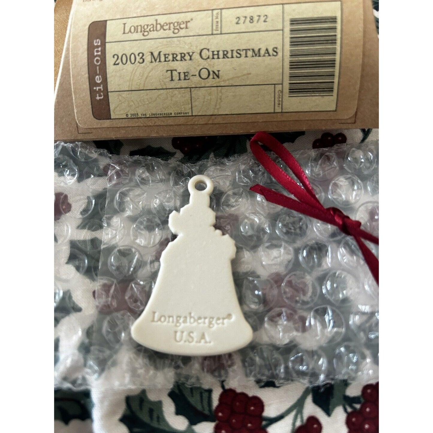 Longaberger Merry Christmas Basket Tie On - New Bell 2003 Ceramic USA Made