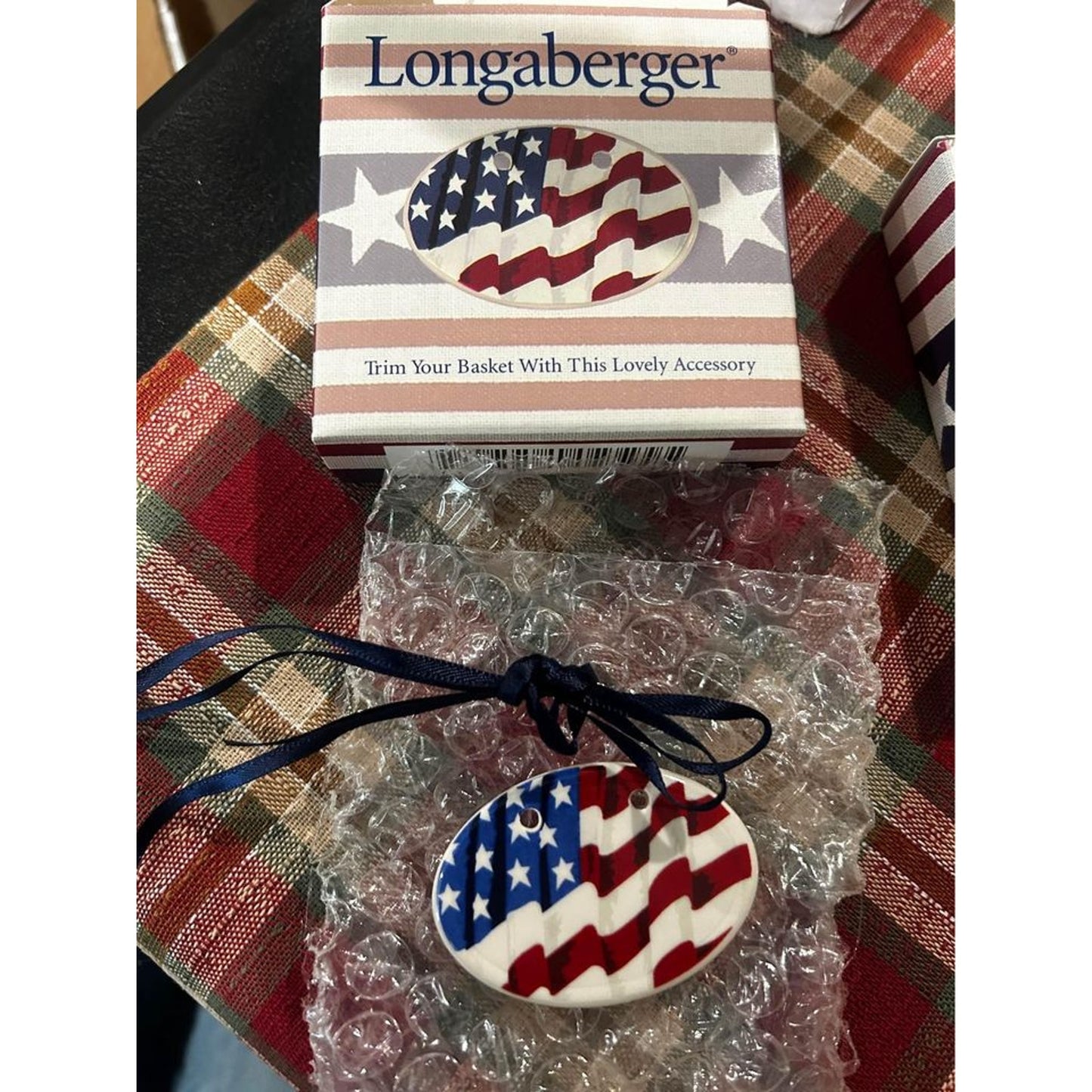 Longaberger basket tie on Oval flag pottery USA