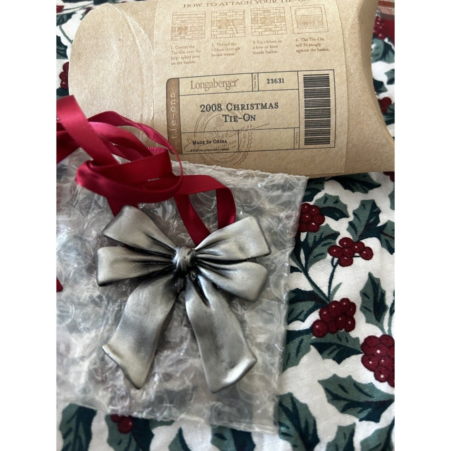 Longaberger 2008 Christmas Pewter Gift Bow Basket Tie On NEW CHRISTMAS ORNAMENT