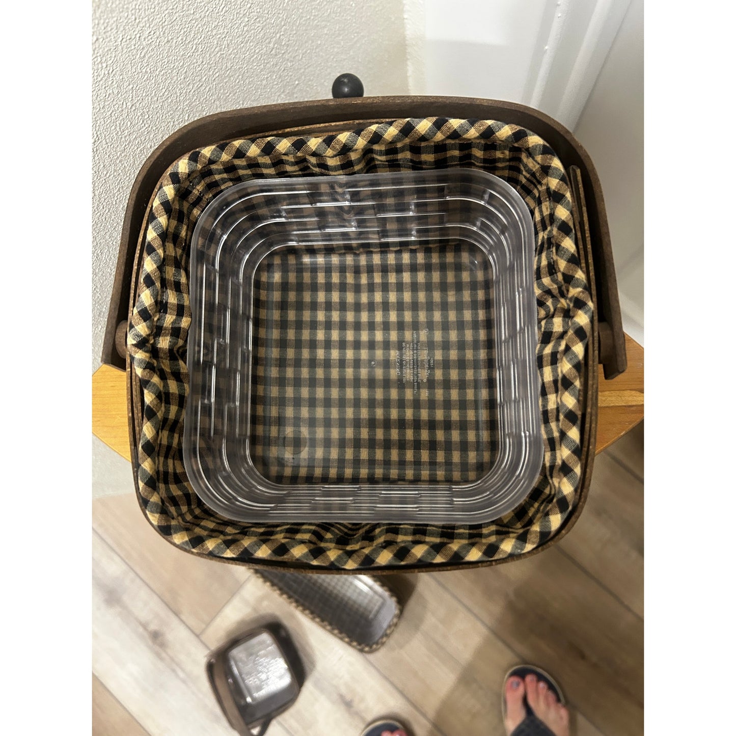 Longaberger Medium Berry basket Khaki check liner & hard protector Deep Brown