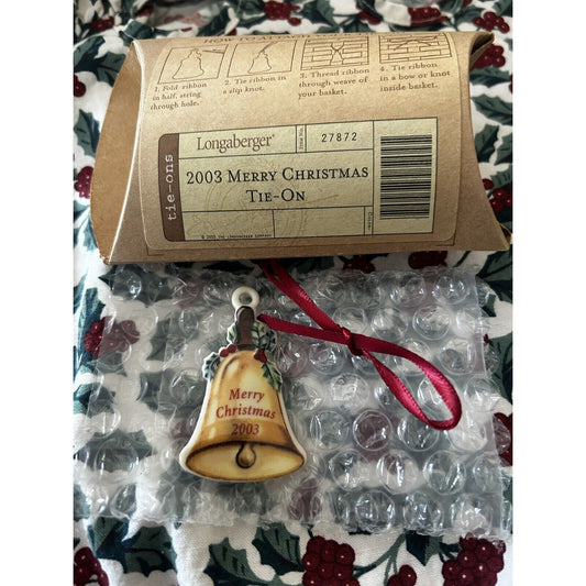 Longaberger Merry Christmas Basket Tie On - New Bell 2003 Ceramic USA Made