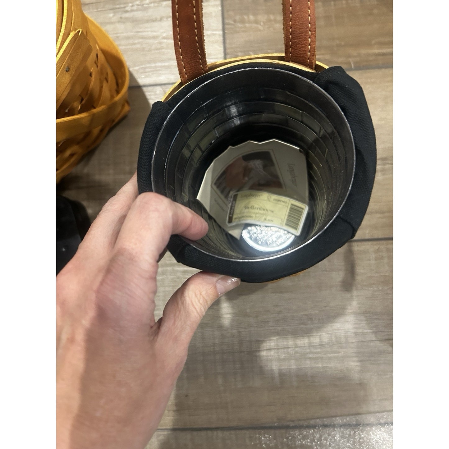 Longaberger Gatehouse 7.5" Hanging Basket Leather Handle, Black Liner protector