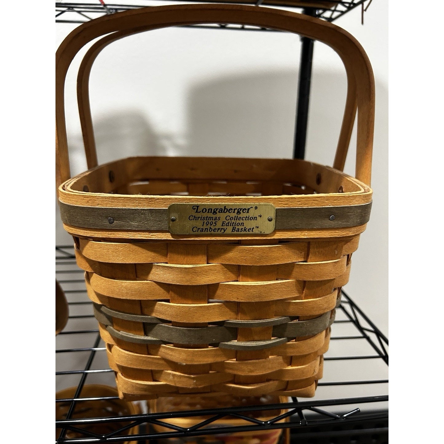 Longaberger Christmas Cranberry Basket with 2 swinging handles green accents