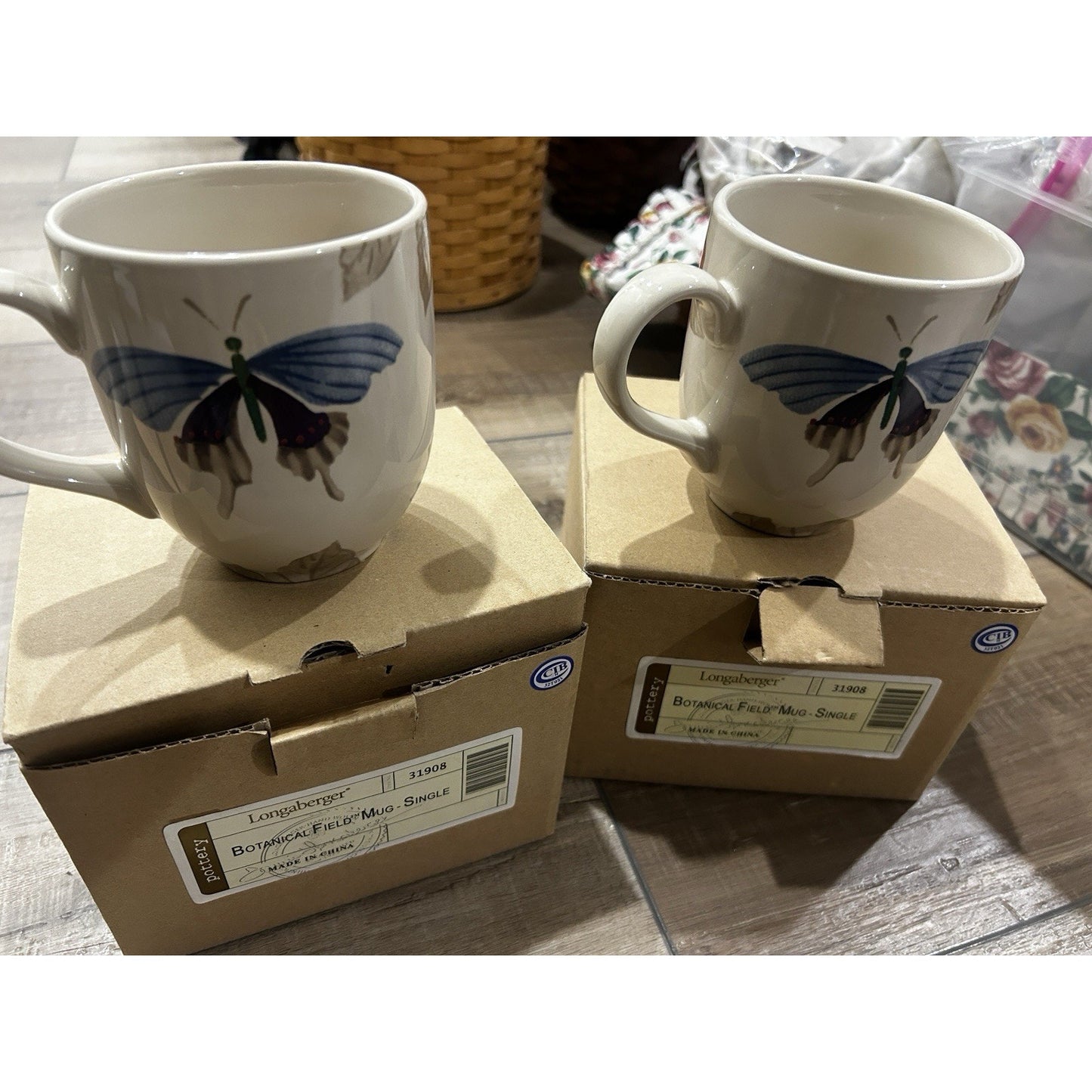 2 Longaberger Botanical Field Mugs Butterfly Flowers Pottery Coffee Tea Cups NEW