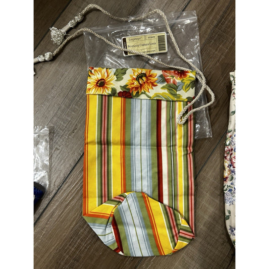 Longaberger Beverage Tote liner Sunflower Stripe Fabric Wine Bag NEW