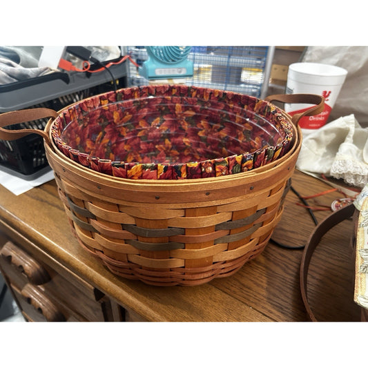 Longaberger BASKET OF PLENTY Basket , Liner & Protector Fall leaves 12" ROUND