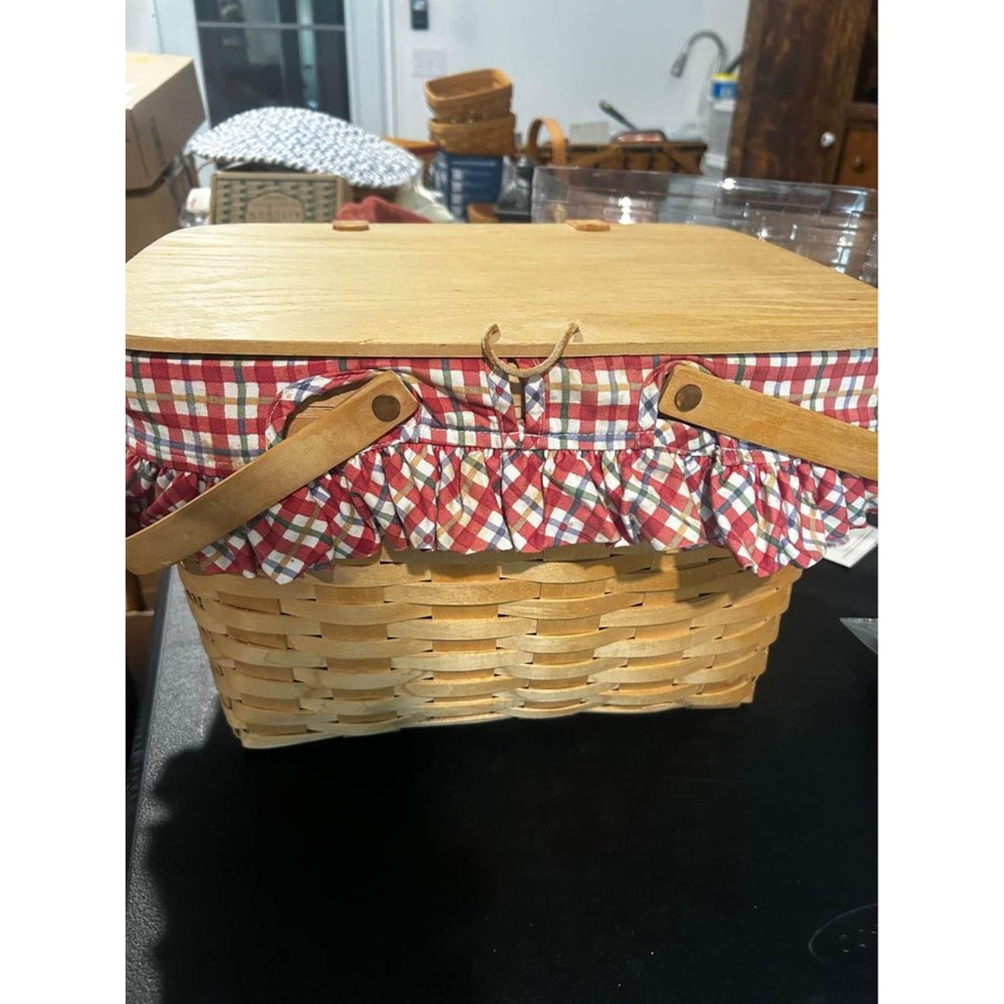 Longaberger Large picnic basket with cherry plaid liner Natural