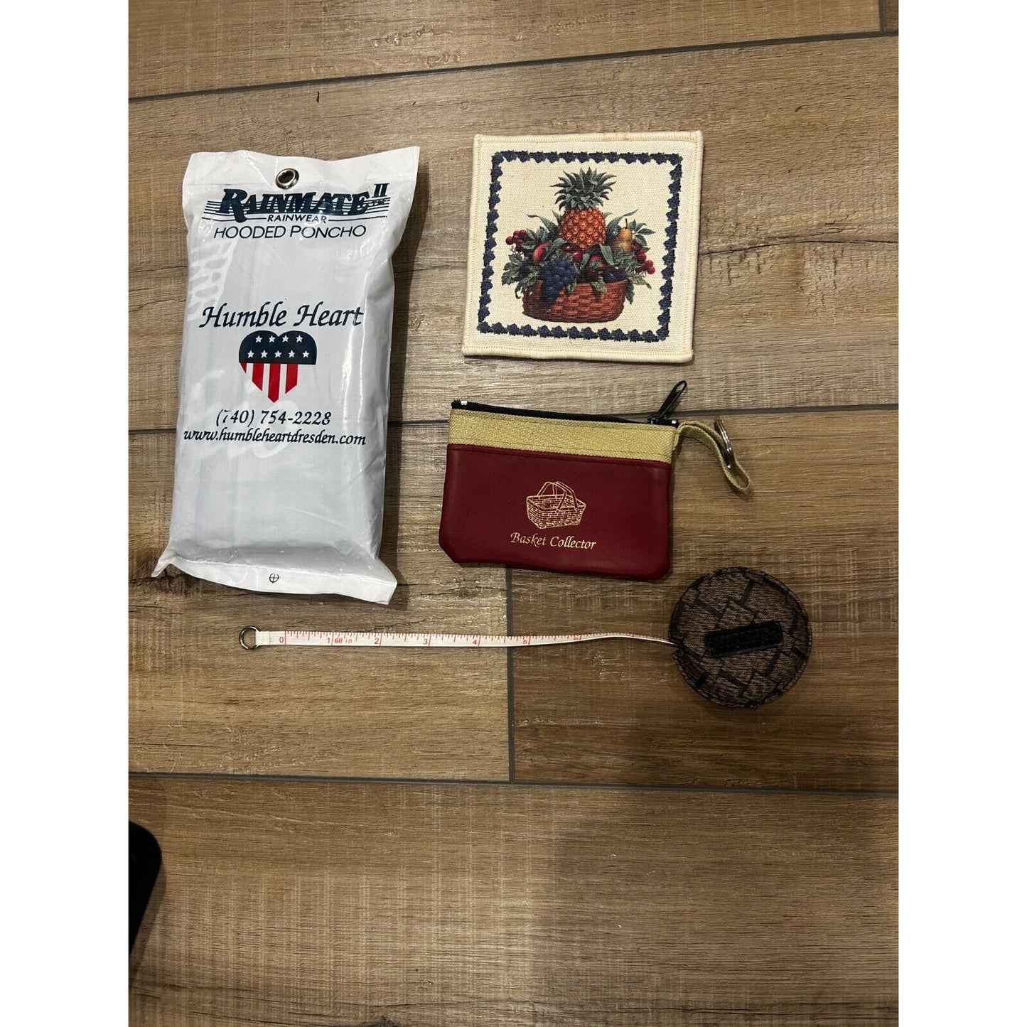 Humble Heart rain poncho Longaberger tape measure Basket collector coin purse