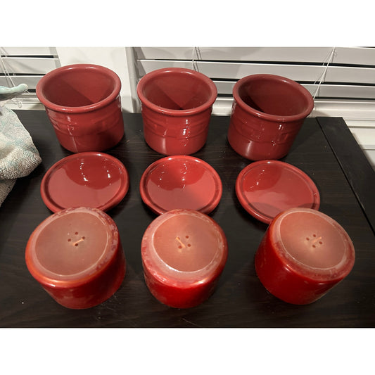 Longaberger pottery paprika red Crocks lids Cinnamon clove candles lot