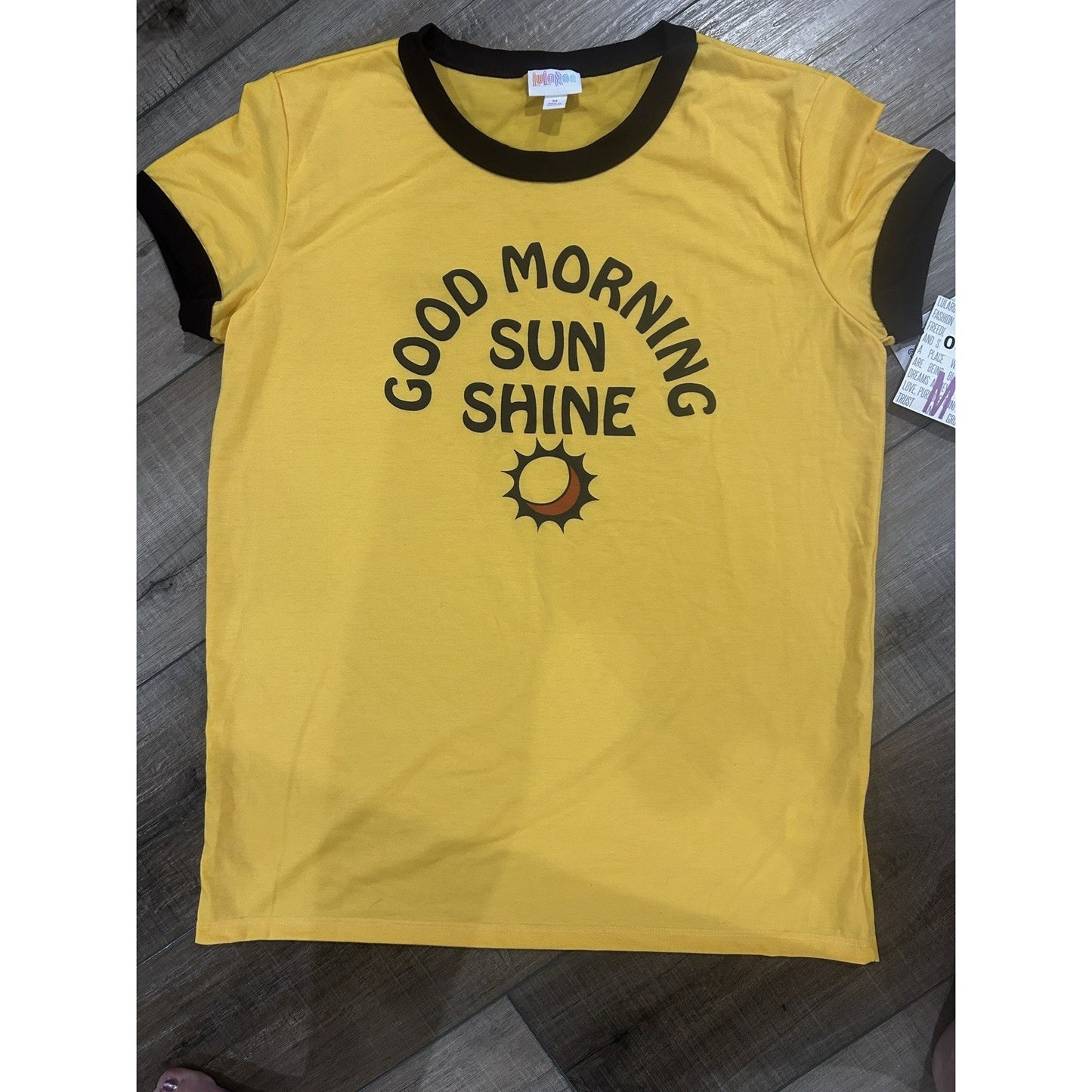 NWT LuLaRoe MEDIUM Liv T-Shirt Gold Dark Brown Ringer Good Morning Sunshine Sun