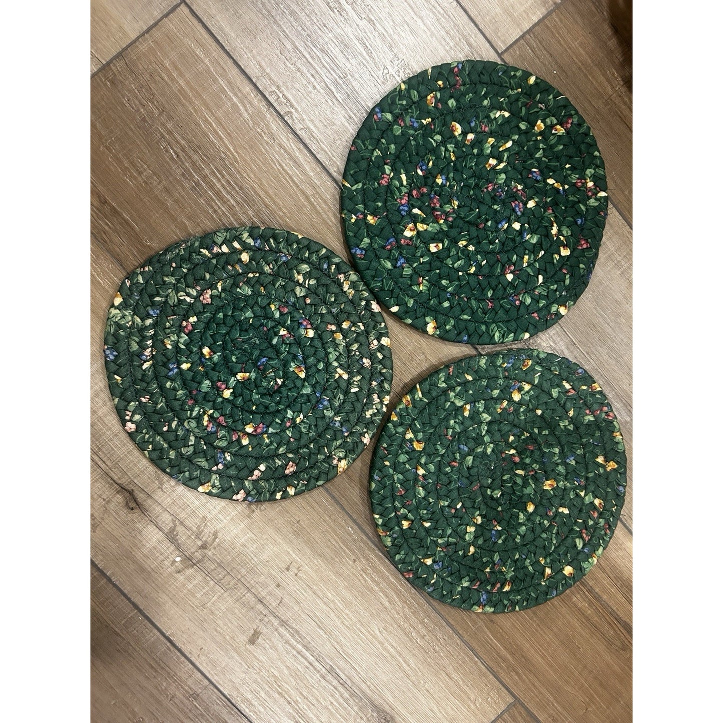 3 Longaberger Round Trivet Hot Pads 9.5" EMERALD VINE green Braided Fabric lot