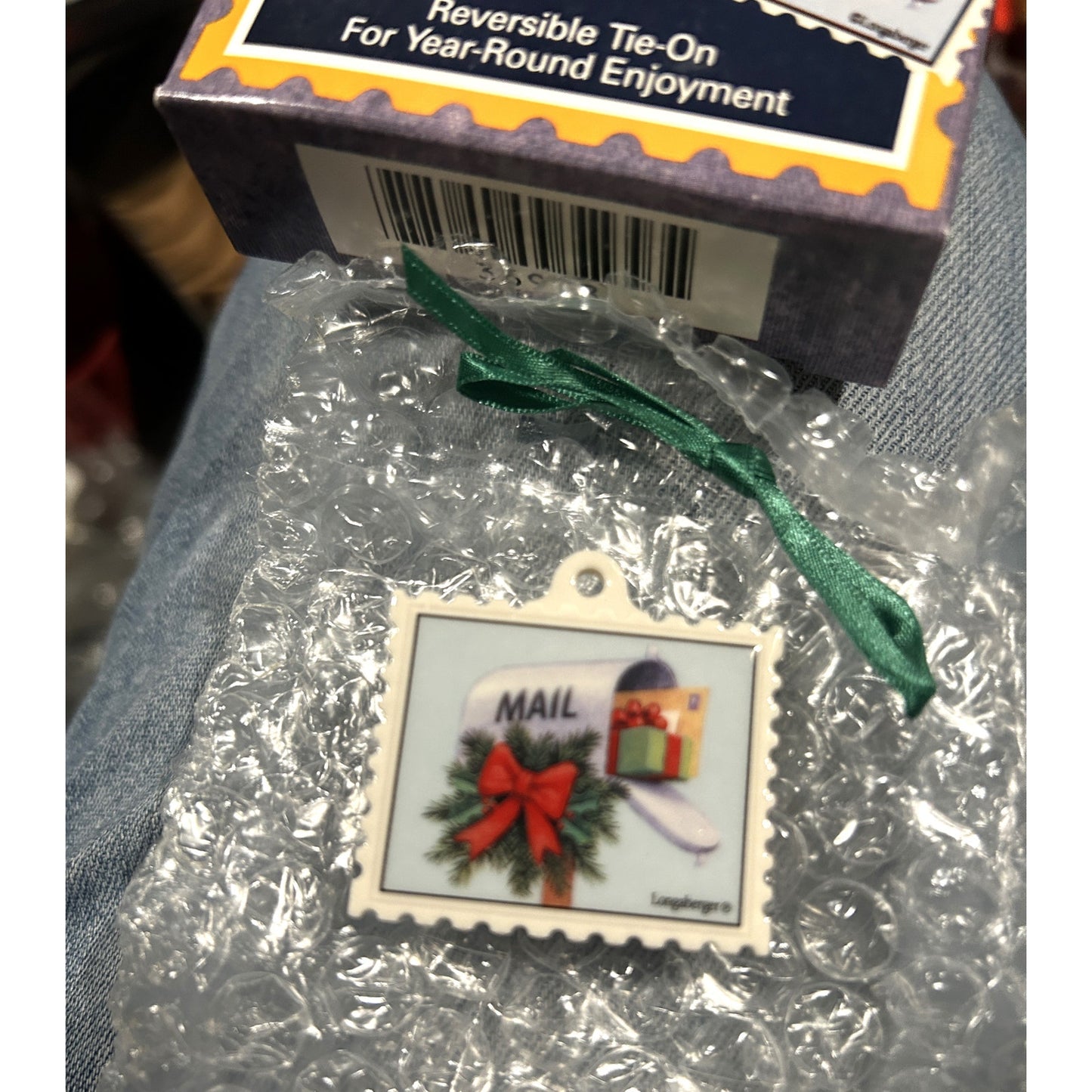 Longberber MAIL tie on reversible mailbox postage flowers Christmas bow stamps NEW $12